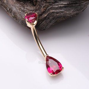 14 Karat Gold Dainty Brilliant Teardrop Sparkle Belly Button Ring - Red Gem